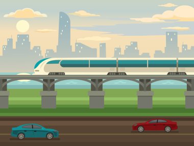 Tren demiryolu ve köprü üzerinde. Vektör düz çizim