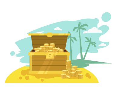 Wooden chest with golden coin. Vector flat illustration clipart