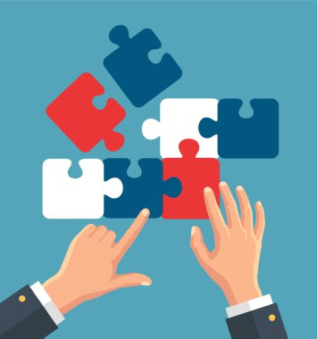Puzzle parçaları koyarak eller. Vektör düz çizim