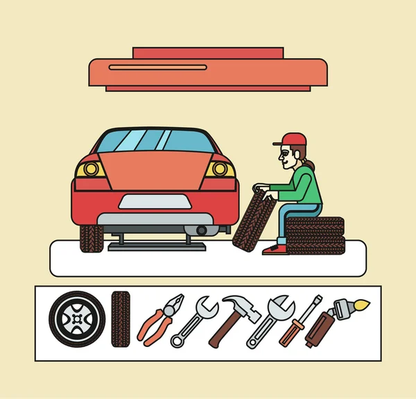 Serviço mecânico de automóveis. Ilustração de linha plana vetorial —  Vetores de Stock