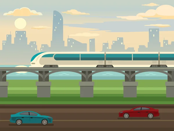 Τρένο, σιδηροδρόμων και γέφυρα. Επίπεδη εικόνα διάνυσμα — Διανυσματικό Αρχείο
