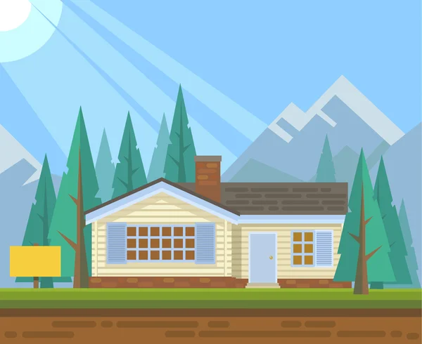 Maison en forêt à vendre. Illustration vectorielle plate — Image vectorielle