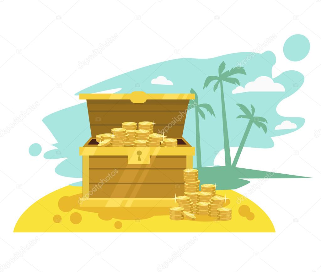 Wooden chest with golden coin. Vector flat illustration