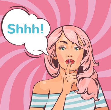 Vektör pop art kadın için sessizlik istiyor. Vektör komik çizim