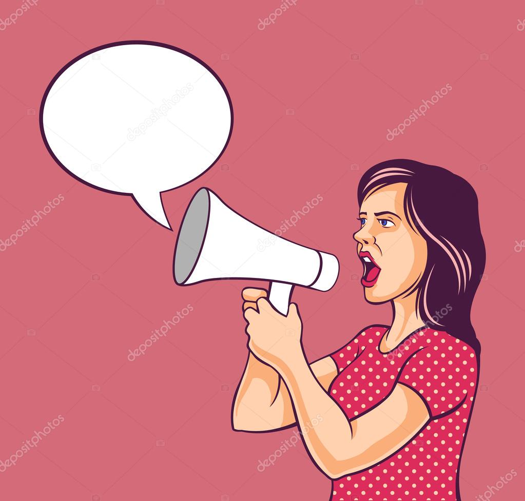 Pop art girl with megaphone and speech bubble. Vector comic illustration