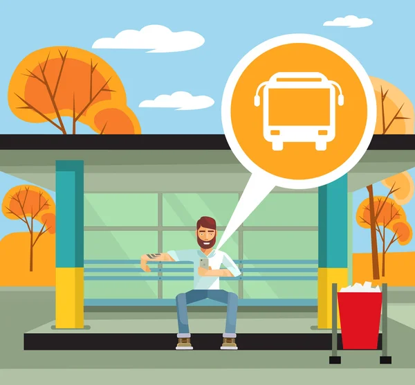 Человек на автобусной остановке использует мобильное приложение. Векторная плоская иллюстрация — стоковый вектор