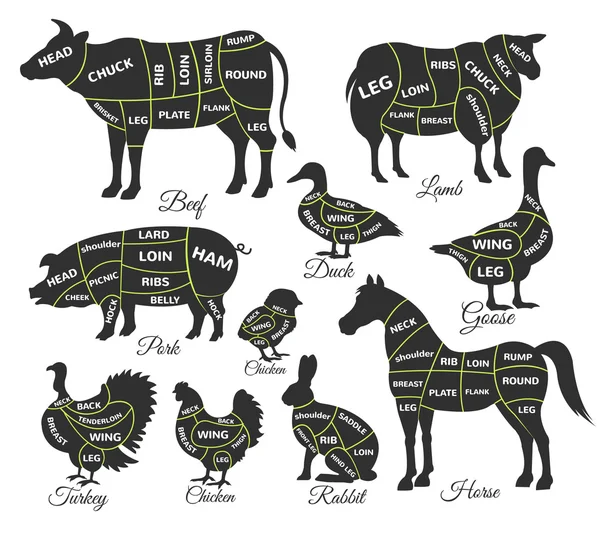 Guide de diagramme pour couper la viande. Ensemble d'illustrations d'icônes noires vectorielles — Image vectorielle