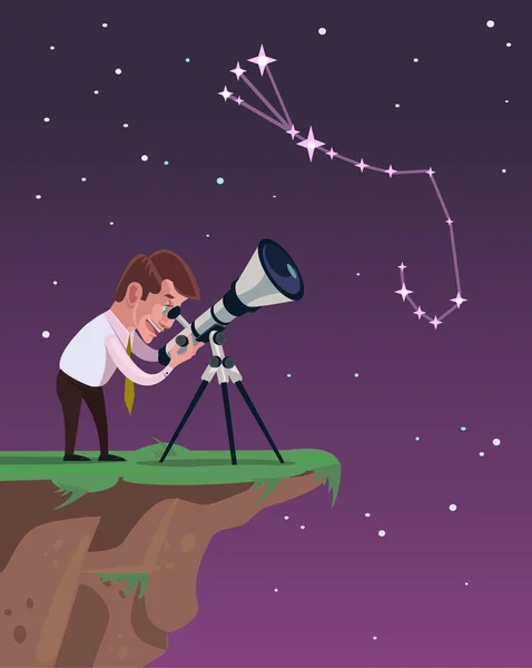 Der Mensch blickt durch ein Teleskop. Vektorflache Abbildung — Stockvektor
