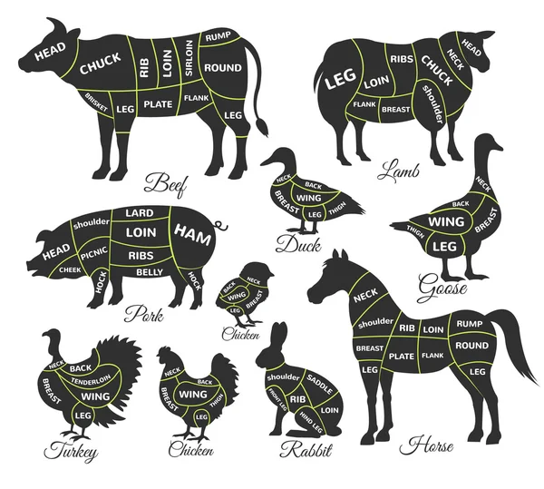 Diagram guide for cutting meat. Vector black icon illustration set — Stock Illustration Diagram guide for cutting meat. Vector black icon illustration set Vector Graphics