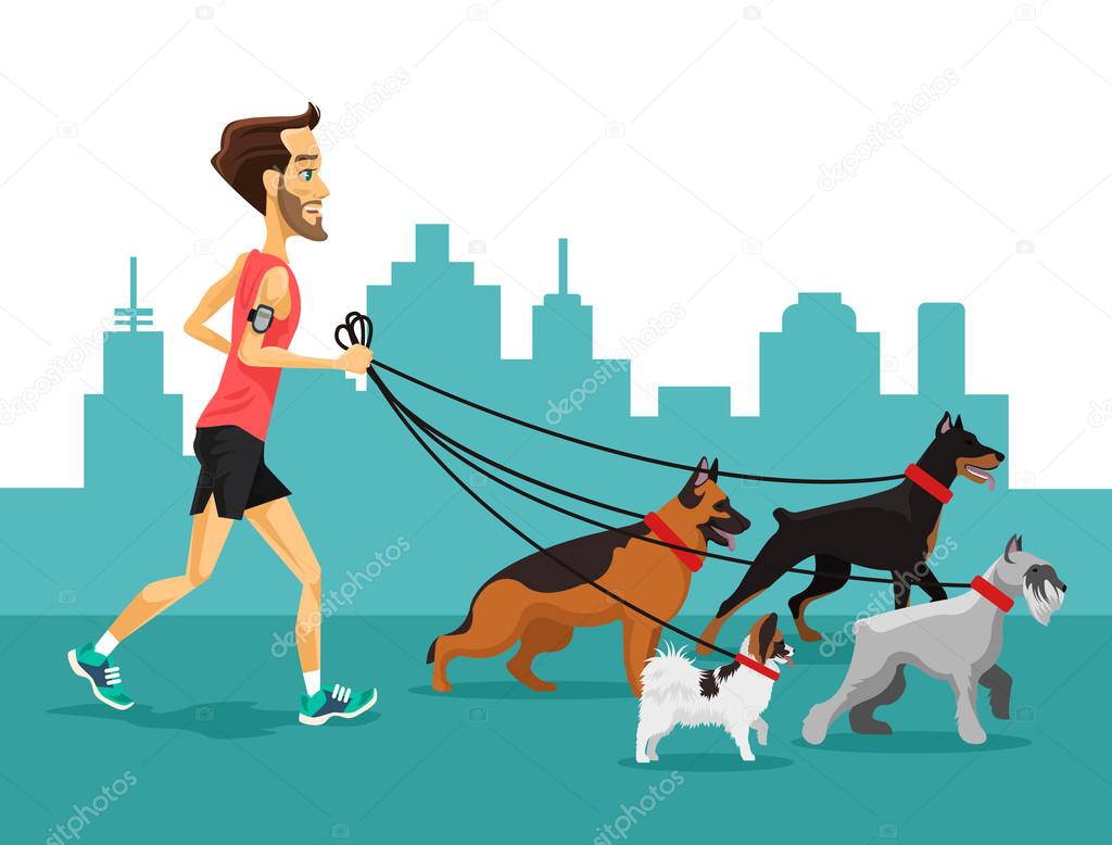 Cartoon man running with his dogs. Vector flat illustration