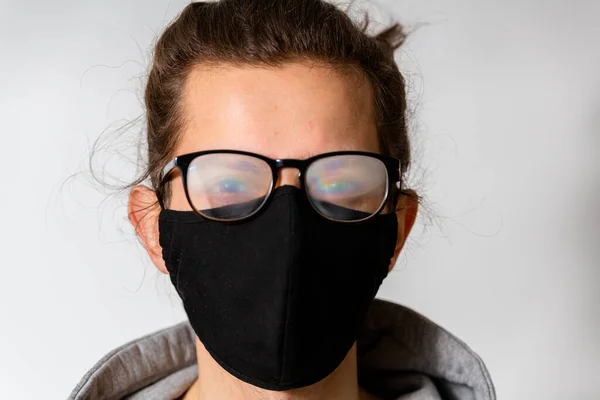 Young Man Foggy Glasses Caused Wearing Protective Face Mask Protective — Stock Photo, Image