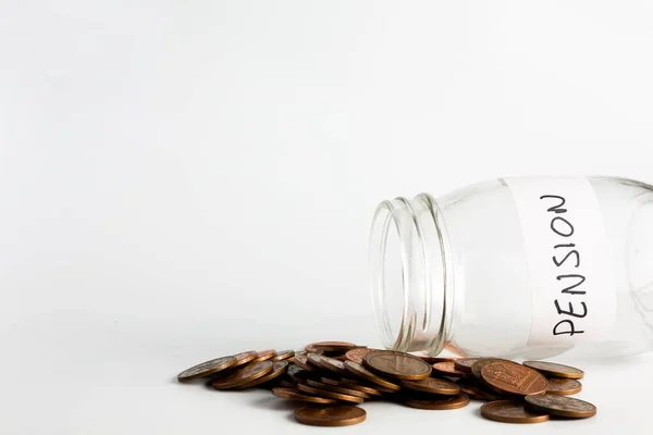 Copper Coins Spilling Out Jar Labeled Pension Pension Financial Savings — Stock Photo, Image