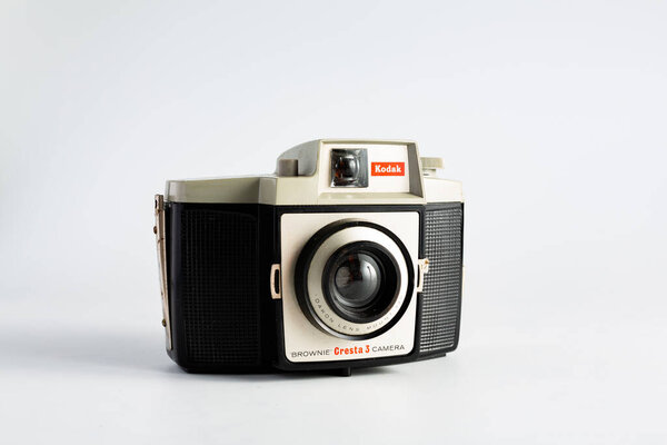 Woodbridge Suffolk UK June 29 2021: A classic Kodak Brownie Cresta 3 film camera isolated against a white background
