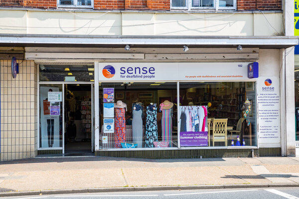 Felixstowe Suffolk UK June 03 2021: Exterior view of the Sense charity shop in Felixstowe town centre
