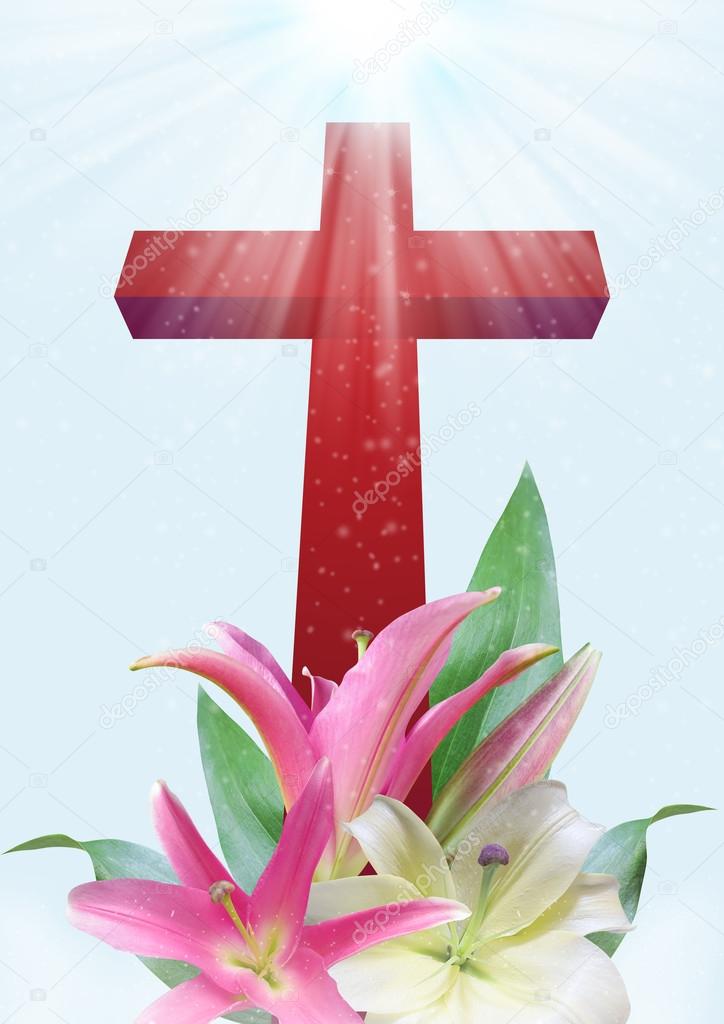 Christian cross and lily flower