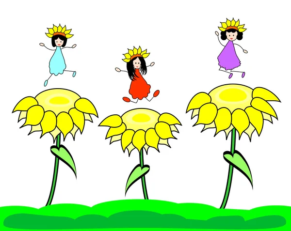 Happy kids on sunflower — Stock Vector