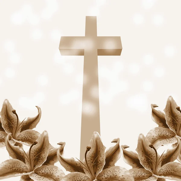 Християнський хрест і лілії квітка — стокове фото