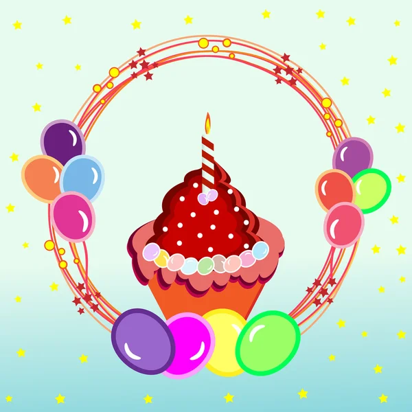 Cartão com cupcake e balões — Vetor de Stock