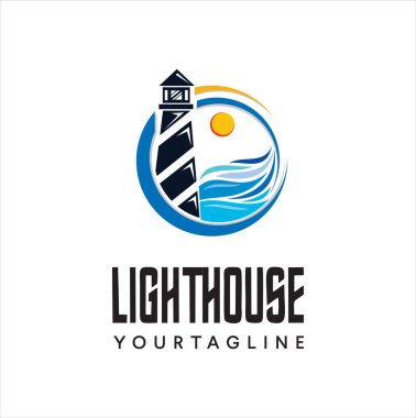 Deniz feneri logo ikonu Tasarım Vektörü İllüstrasyonu. Beacon logo tasarım şablonu. Hafif evler ve okyanus dalgaları. Sahil plajı logosu tasarım şablonu.