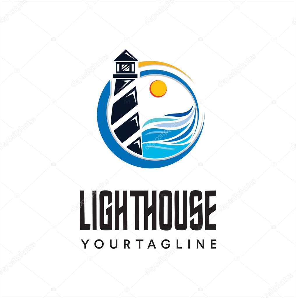 Lighthouse logo icon Design Vector Illustration. Beacon logo design template. Light houses and ocean waves. Coastal beach logo design template.