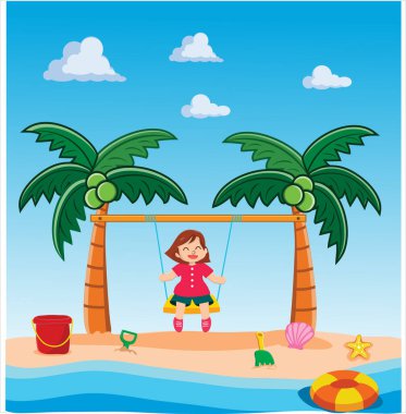 Küçük Kız Plaj Vektörü illüstrasyonunda Salıncak Çalıyor. Yaz tatili.