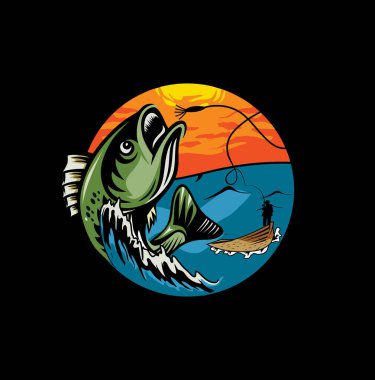 Modern yaz balıkçılık logosu Maskot rozet vektör tasarımı illüstrasyonu