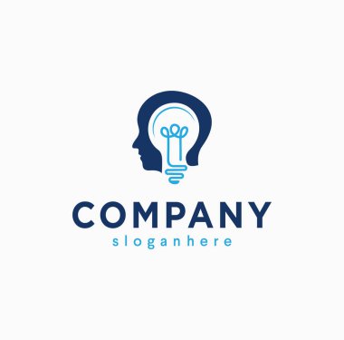 Akıllı insan kafası ampul fikri logosu tasarım vektörü illüstrasyonunu düşünür. İnsan başlı lamba logosu Simge Zekası
