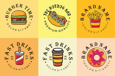 Fast food logoları yemek ve içecek menüsü oluşturur. Hamburger Vektör Düz Tasarım Çizimi