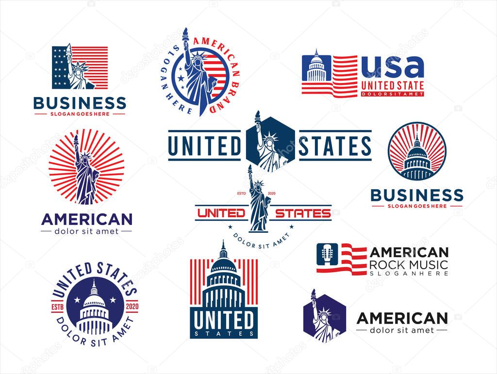 Set of Made in usa logo Label for patriot american flag and special symbols for vector usa stamps design