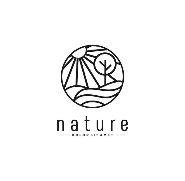 Absztrakt Minimalista Line Sun Tree Nature Logo Tájképek Naplemente Logó — Stock Vector