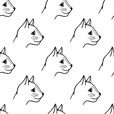 Elle çizilmiş kedi kafasının kusursuz şekli. Beyaz arkaplanda karalama tarzı siyah çizim.