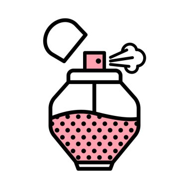 Vektör kadın parfüm şişesi siyah kulaç, pembe dolgu ve beyaz arka planda izole daire desenli düz bir ikon püskürtüyor.