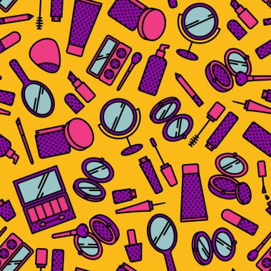 Beyaz arkaplanda düz çizgi renk simgeleri olan kozmetik elementlerinin vektörsüz deseni