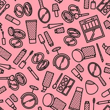 Pembe arkaplanda düz çizgi simgeleri olan kozmetik elementlerinin vektörsüz deseni