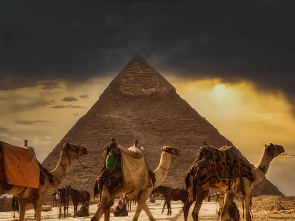 Gizeh Égypte Janvier 2020 Touristique Avec Chameaux Personnes Devant Une — Photo