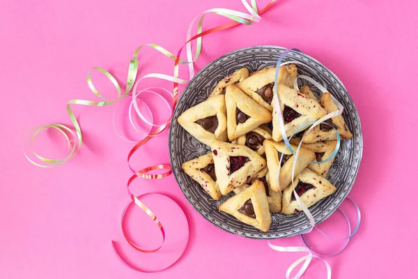 传统的犹太Hamantaschen饼干 Purim庆祝的概念 犹太狂欢节背景 — 图库照片