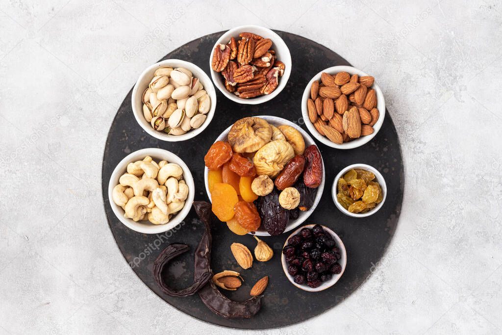 Mix from dried fruits and nuts . Healthy food. Symbols of judaic holiday Tu Bishvat