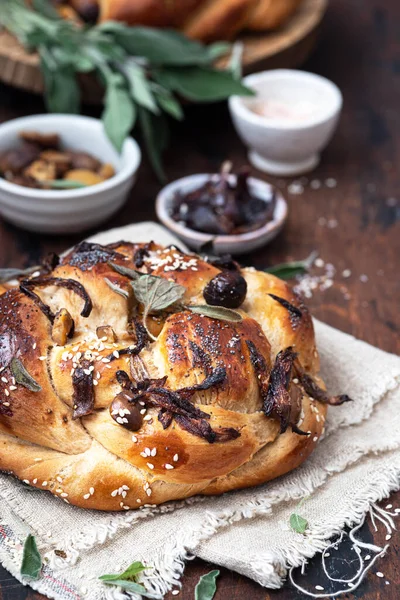 Homemade Challah Bread Chestnuts Onions Herbs — Stock Photo, Image