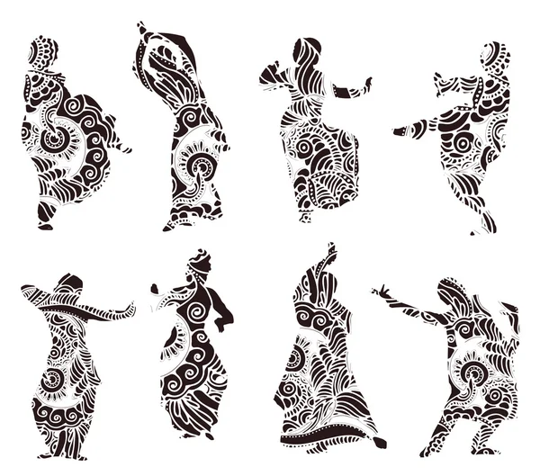 Silhuetter indiska dansare i mehndi stil — Stock vektor