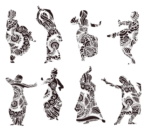 Silhouettes indian dancers in mehndi style — Stock Vector