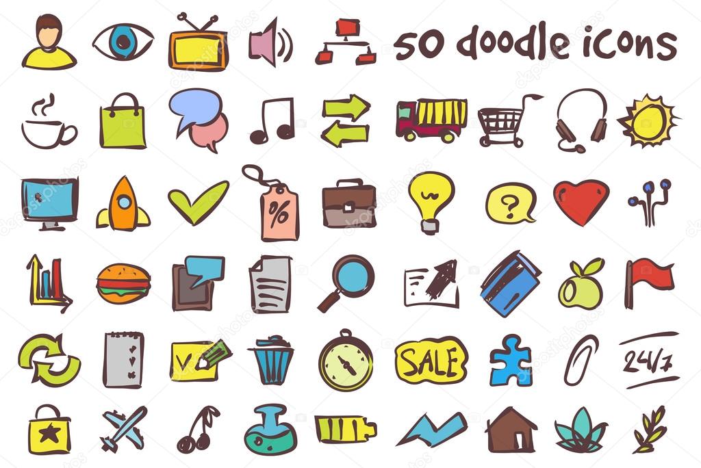 Vector colored doodle icons set. Stock illustration for design