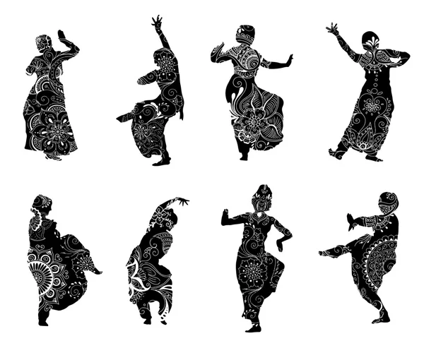 Siluetas bailarinas indias en estilo mehndi — Vector de stock