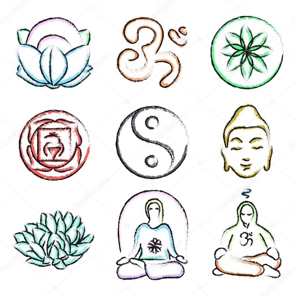 Vector set of yoga icons - Buddhism, meditation, signs and symbols. Doodle style