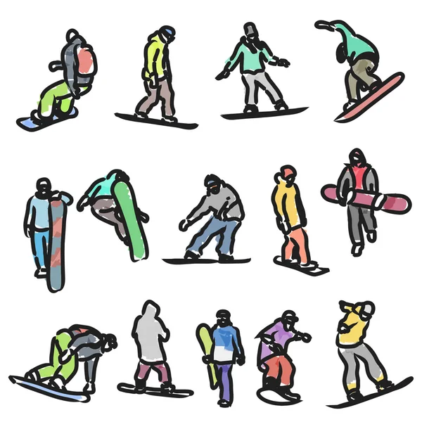 Silhouettes colorées snowboarders — Image vectorielle