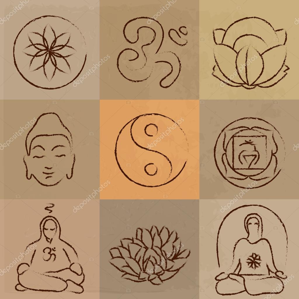 Vector yoga set - Buddhism, meditation, signs and symbols