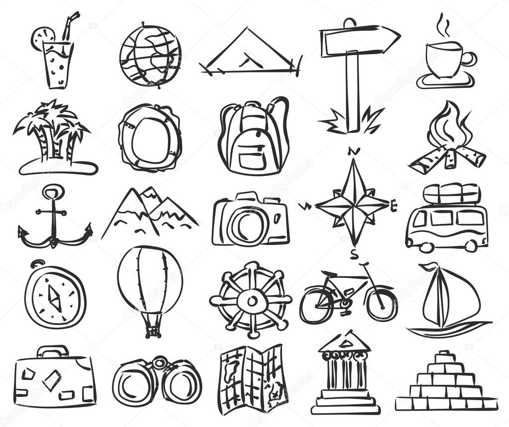 Travel icons set. Vector doodle sketch. Stock illustration for design