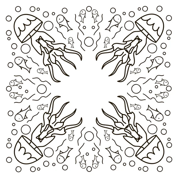 Στροβιλισμού των μεδουσών που σύρεται μέσα τέχνη στυλ γραμμής. Κάρτα ωκεανό σε χρώματα μαύρο και άσπρο. — Διανυσματικό Αρχείο