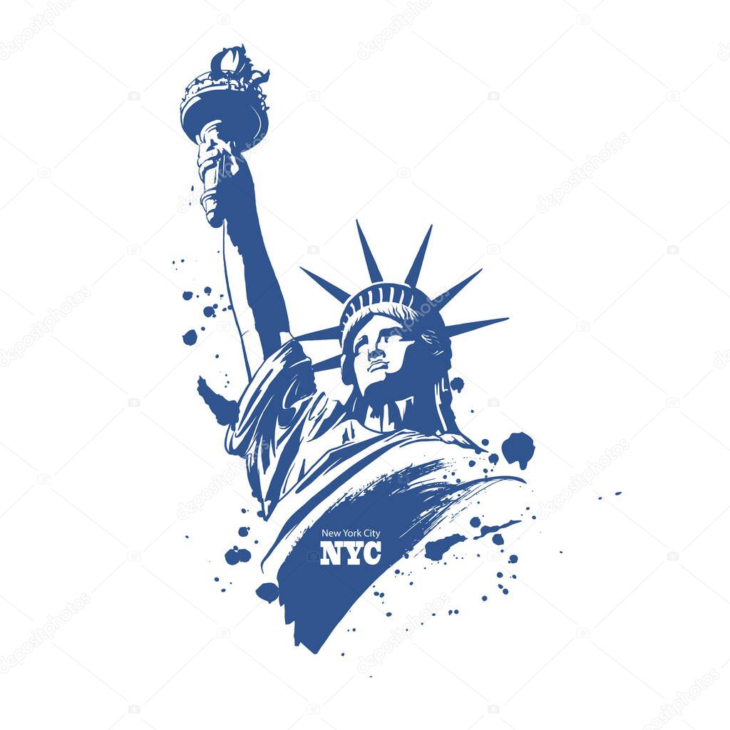 Portrait of the Statue of Liberty USA. New York, blue logo on a white background. American symbol. Vector illustration