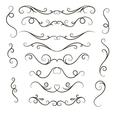 Metinler ve sayfa dekorasyonu için el çizimi başlıkların vektör kümesi. Dekoratif girdaplar.