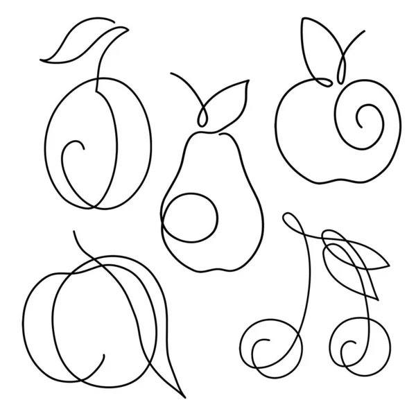 Pear Fruit Cherry Apple Peach Apricot Plum Continuous Line Drawing — Stock Vector